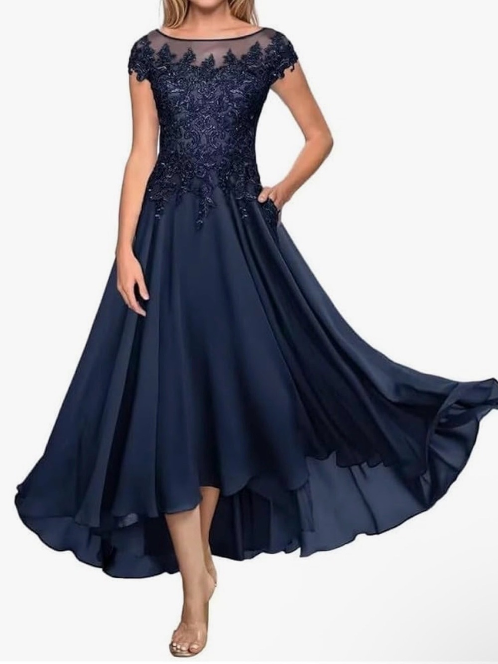Elegant Navy Embroidered High-Low Evening Dress